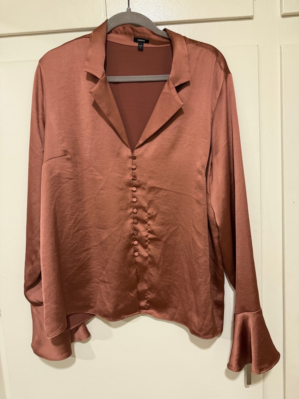 Express Satin Button-Up Blouse - Rust Brown